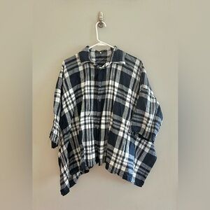 Eskandar DPS Blue White Plaid Boxy 1/2 Sleeve Tunic Top Lagenlook | Sz 0 O/S
